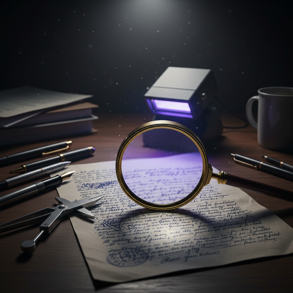Una lente d'ingrandimento è posizionata su un foglio di carta scritto a mano, illuminato da una lampada a luce ultravioletta su una scrivania.