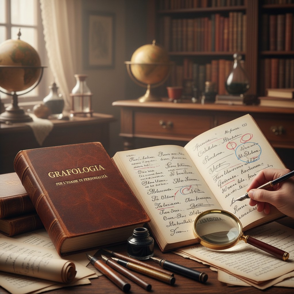 Una mano scrive con una penna stilografica su un libro aperto intitolato "Grafologia per l'esame di personalità", circondato da una lente d'ingrandimento, calamai e altri strumenti di scrittura su una scrivania in uno studio.